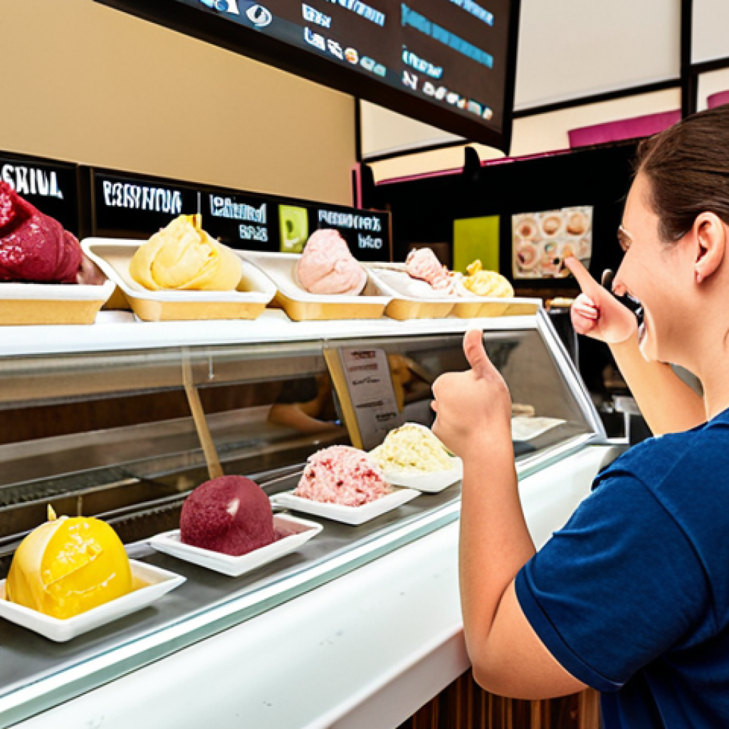 **Image Prompt:** A bustling Italian gelateria with a diverse range of gelato flavors displayed. Customers are happily enjoying gelato, with one customer giving a thumbs-up. In the background, a social media page is visible on a tablet, showcasing positive reviews and artisanal gelato photos. The overall atmosphere is vibrant and inviting, emphasizing the importance of customer feedback and digital presence.