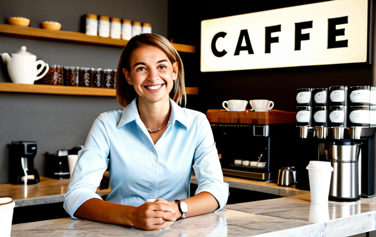 **

"A smiling micro-franchise owner in a modern, well-lit cafe, fully clothed in appropriate business casual attire. She is offering a customer a customized coffee blend. The cafe has a warm, inviting atmosphere with shelves displaying various coffee beans and accessories. Display "Caffe Personalizzato" sign. Perfect anatomy, correct proportions, natural pose, safe for work, appropriate content, fully clothed, professional, family-friendly, high resolution, professional photography, Italian cafe setting."

**