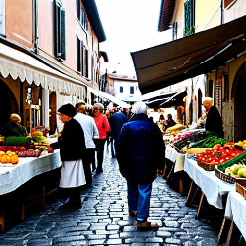 A Thriving Local Market**

"A bustling marketplace in a small Italian town. Vendors are displaying colorful organic produce, artisanal cheeses, and handcrafted goods. Customers are interacting warmly with the vendors, creating a sense of community. In the background, quaint buildings and cobblestone streets evoke a traditional Italian atmosphere. Safe for work, appropriate content, fully clothed, professional photography, perfect anatomy, natural proportions, family-friendly, modest clothing."

**