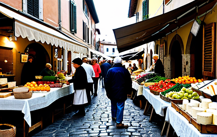 A Thriving Local Market**

"A bustling marketplace in a small Italian town. Vendors are displaying colorful organic produce, artisanal cheeses, and handcrafted goods. Customers are interacting warmly with the vendors, creating a sense of community. In the background, quaint buildings and cobblestone streets evoke a traditional Italian atmosphere. Safe for work, appropriate content, fully clothed, professional photography, perfect anatomy, natural proportions, family-friendly, modest clothing."

**